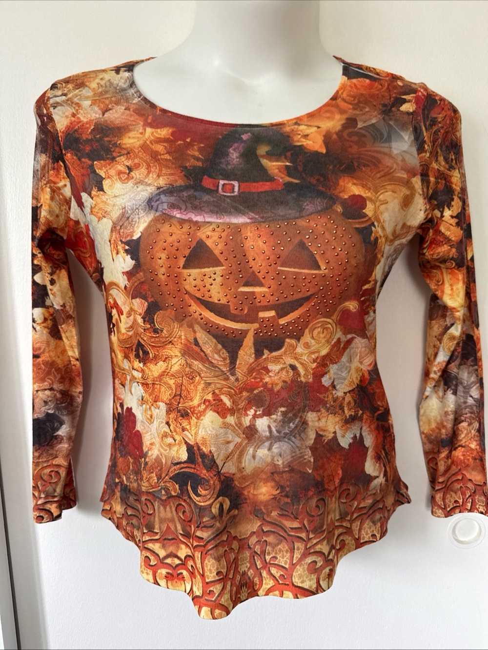 ONE WORLD Orange Multi Halloween Pumpkin Long-Sleeve Top